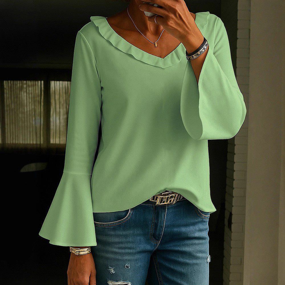 Casual Loose-fitting V-neck Long Sleeves T-shirt