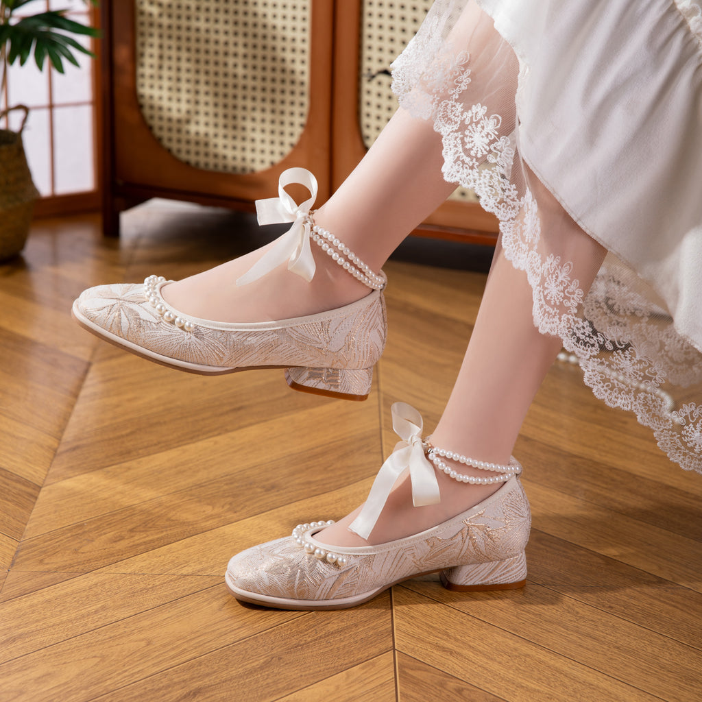 2026 New Jacquard Mary Jane Low Heel Women's Shoes - Pearl Ribbon Bow Square Toe Flared Single Shoes - Soft And Versatile Wedding Shoes