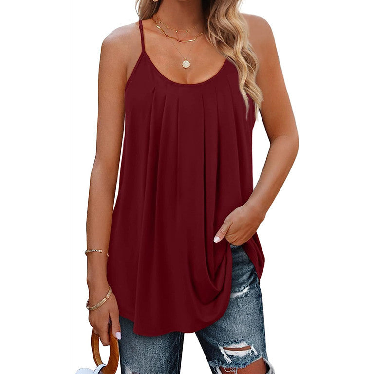 Women's Casual Summer Pleated Round Neck Keyhole Loose Top