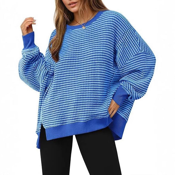 Waffle Knitted Long Sleeve Crew Neck Split Pullover Sweater