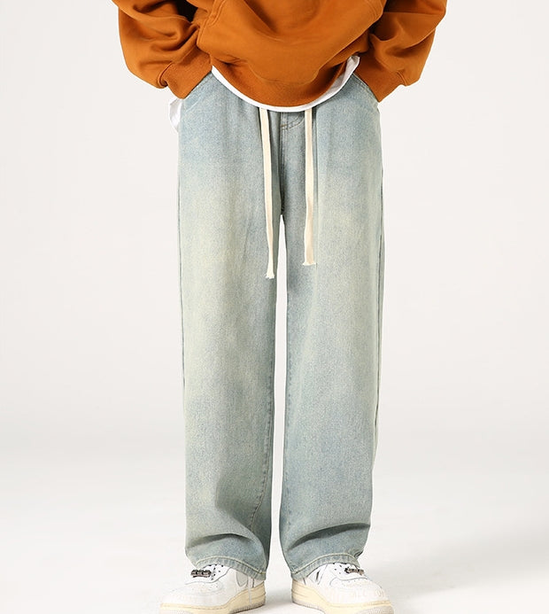 Yellow Mud Dyed Worn Looking Washed-out Retro Elastic Waist Jeans