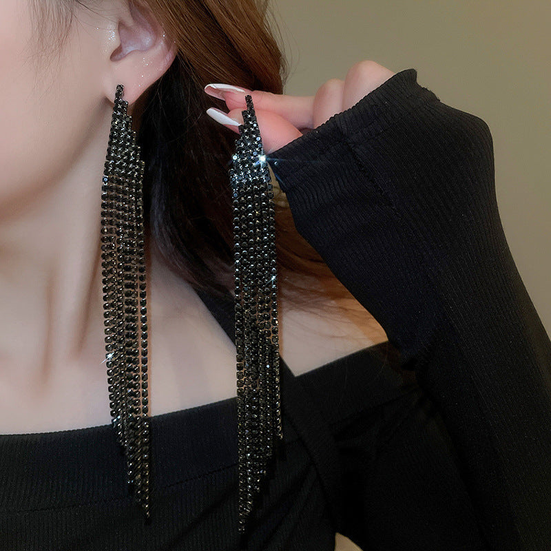 Silver Needle Black Rhimestone Flower Geometric Tassel Stud Earrings
