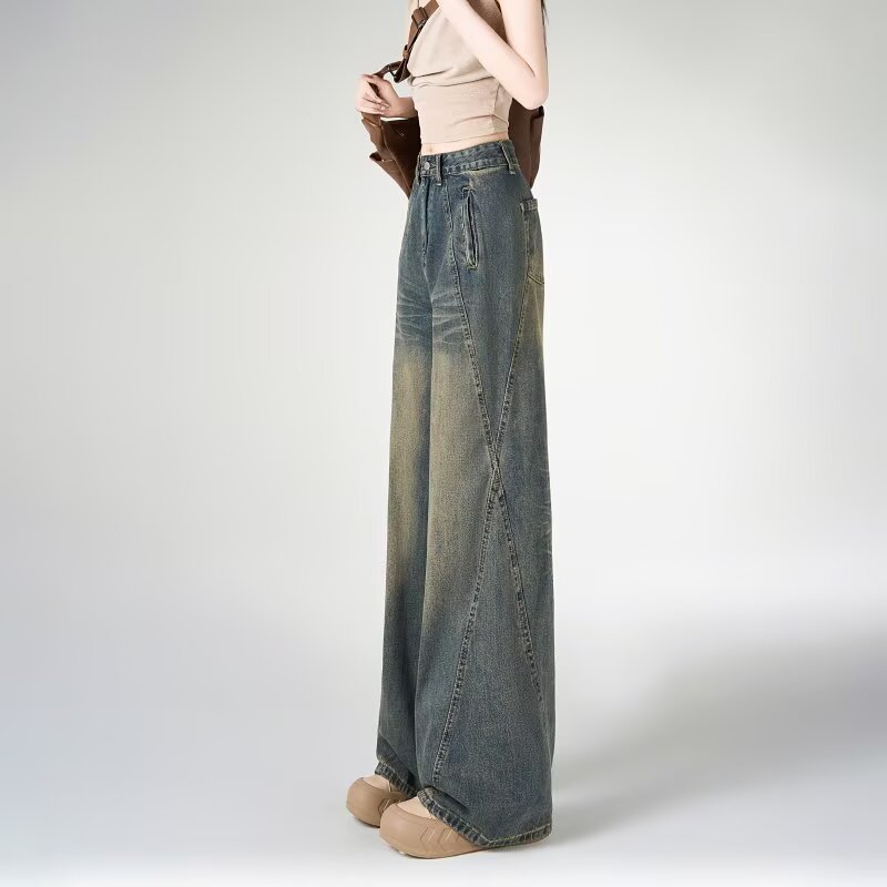 Womens American-style High-street Design Wide-leg Denim Jeans