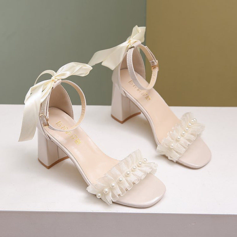 French Style Chunky Heel Sandals Bow Pearl High Heels Buckle Sandals