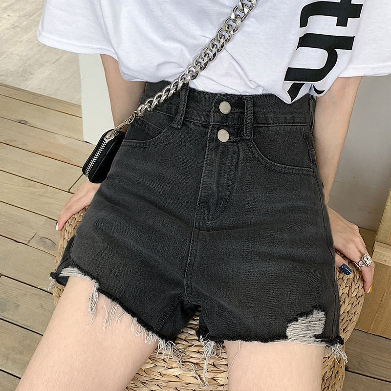 Ins-style Trendy Ripped Denim Shorts For Women Summer High-waisted A-line Design