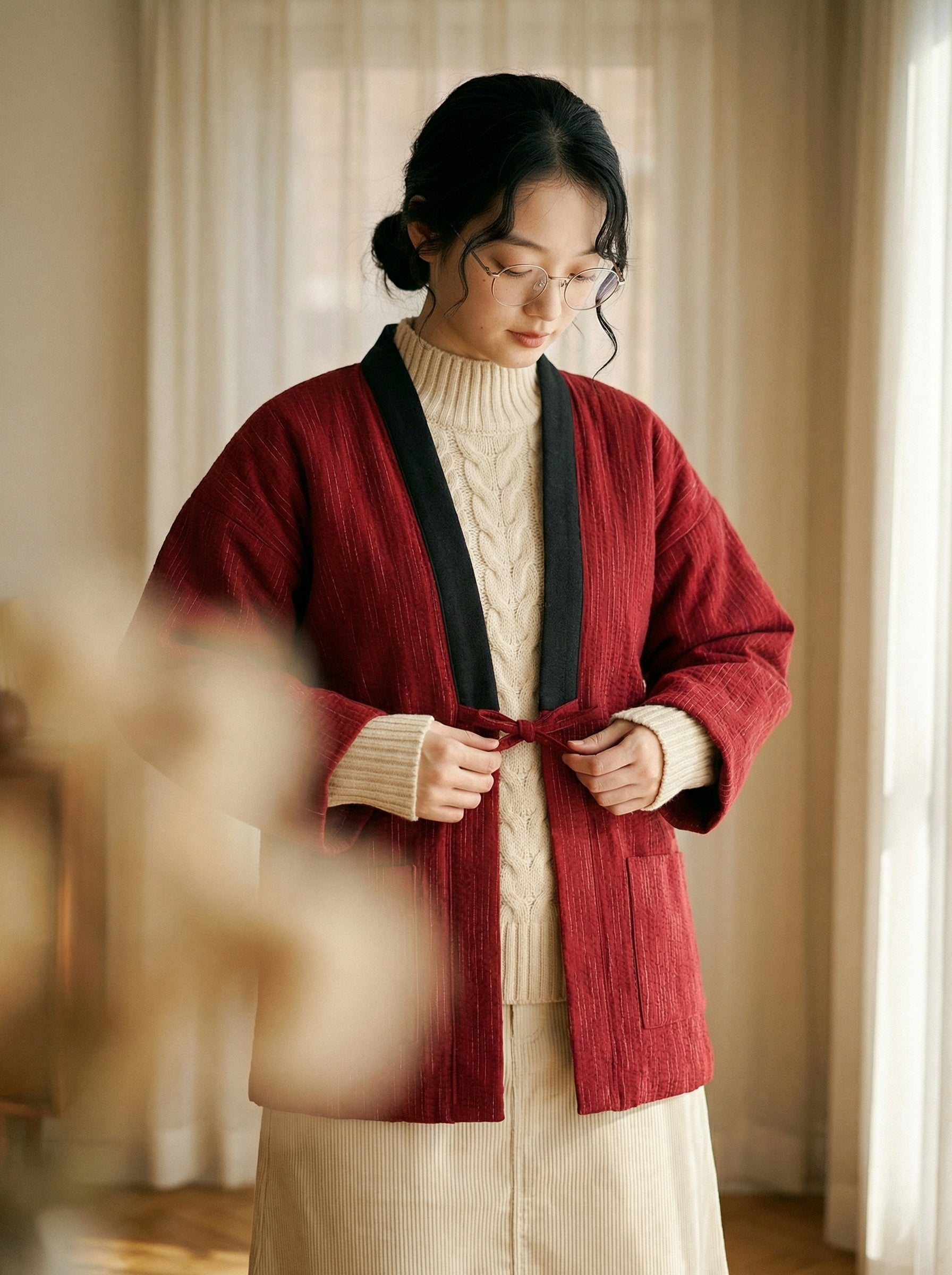 Women's Haori, Women's Warm Coat, Women's Japanese Style Padded Jacket, Japanese Style Indoor Wear, Lightweight & Warm Printed Coat, Japanese Traditional Clothing, Oversized Padded Jacket With Pockets