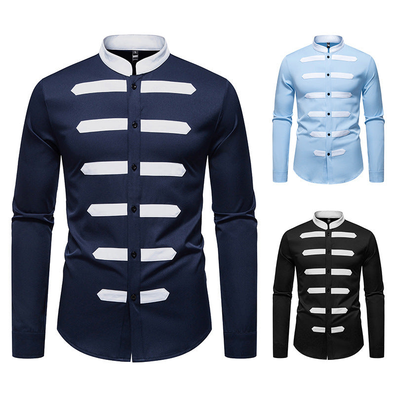 Black And White Stitching Design Men's Versatile Casual Long Sleeve Shirt