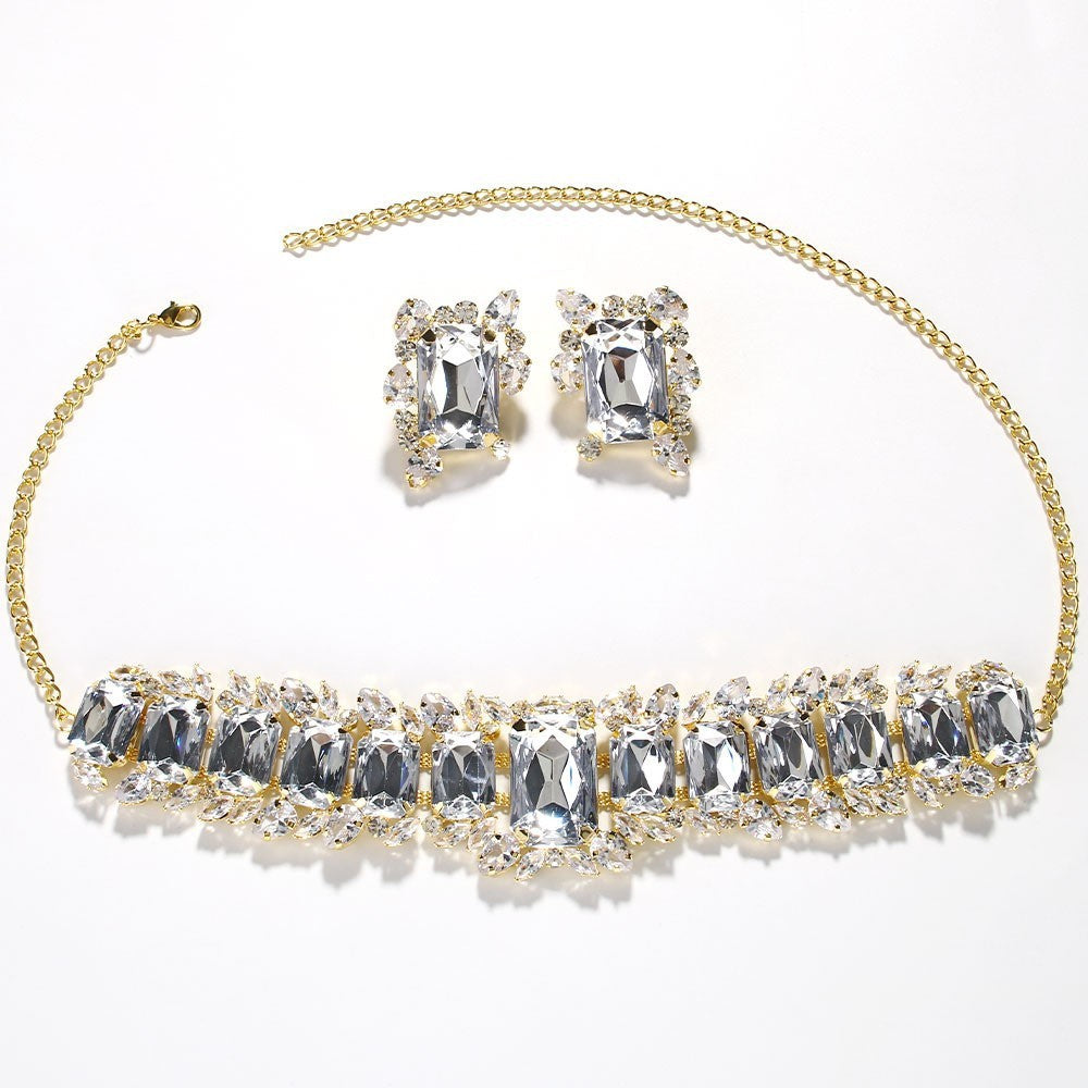 Light Luxury Geometric Crystal Necklace Suit Square Exaggerated Earrings Jewelry Set Decorations