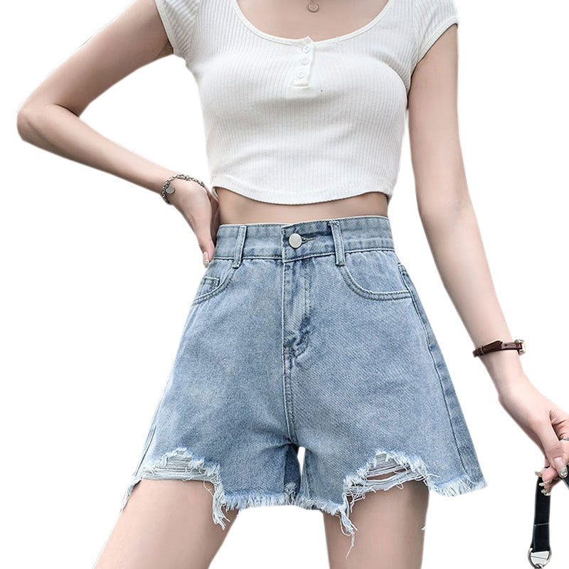 Influencer-style A-line Ripped Raw-edge Wide-leg Hot Pants