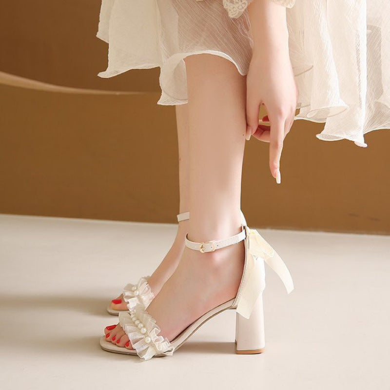 French Style Chunky Heel Sandals Bow Pearl High Heels Buckle Sandals