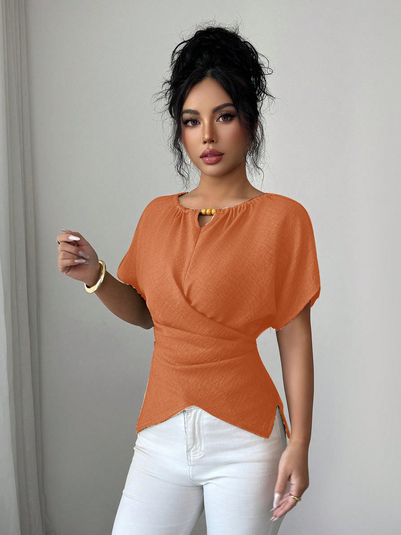 Slim-fit Solid-color Crossover Casual Chic Top