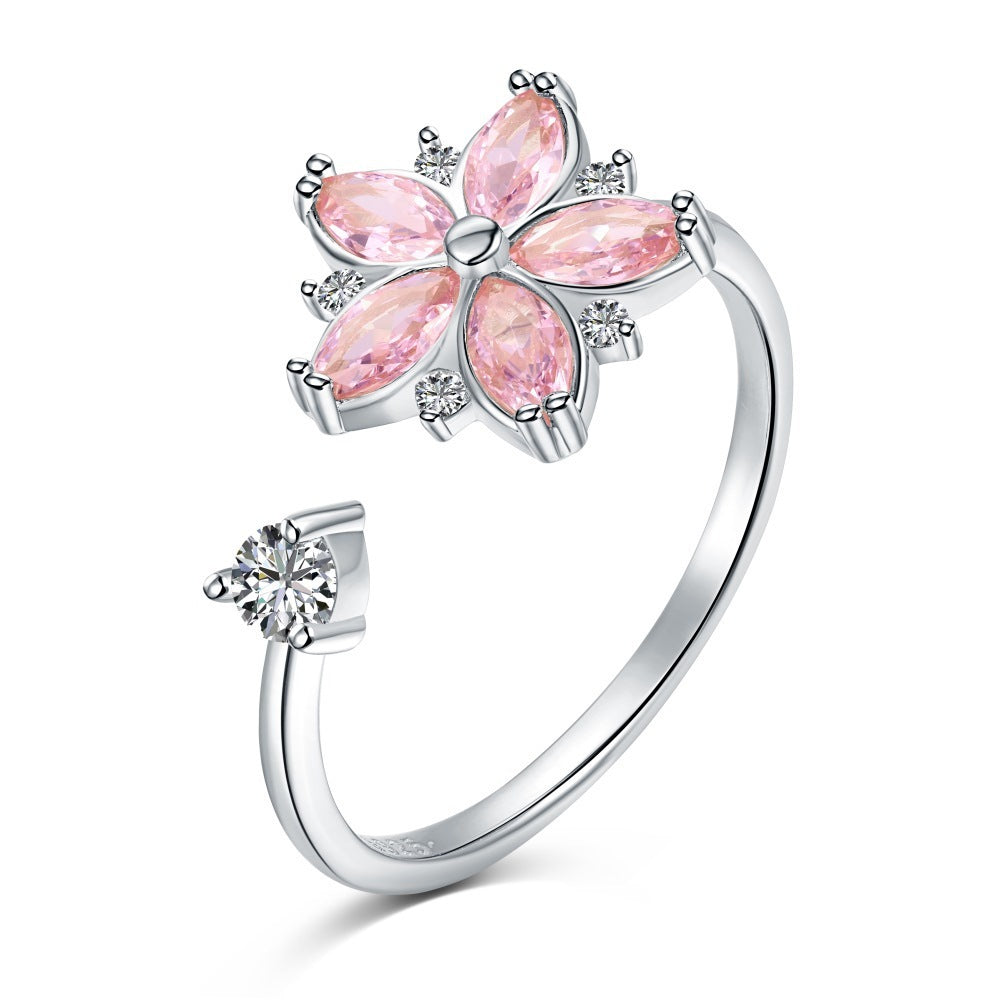 S925 Sterling Silver Flowers Diamond Decompression Rotatable Fashion Ring