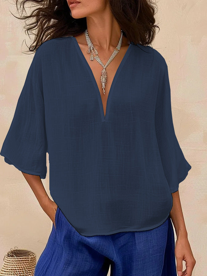 Loose Casual Solid-Colored Cotton-Linen Womens V-Neck Trendy Fashion Mid-Sleeve Top