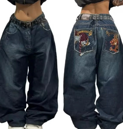 Design Sense American Retro Worn Looking Washed-out Jeans Fashion Brand Youth Wide Leg