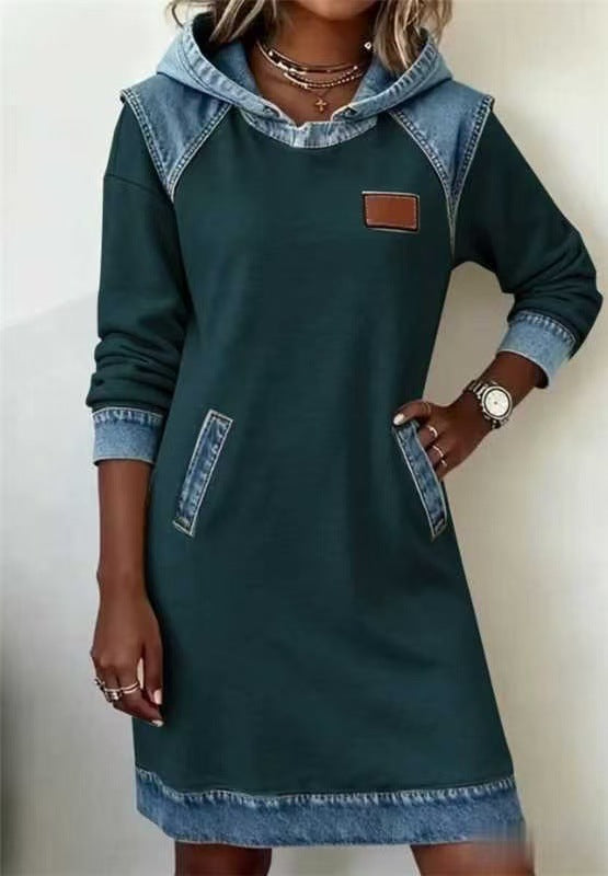 Best Seller Denim Color Matching Ladies Hoodie Skirt