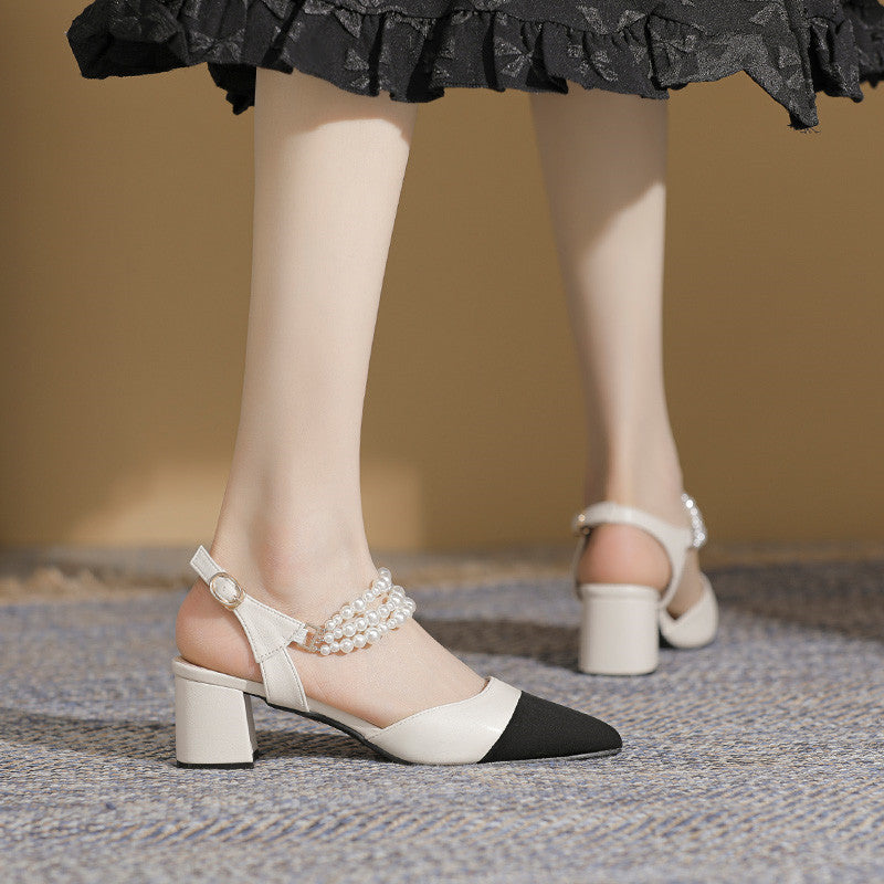 Pointed Toe Chunky Heel High Heels Plus Size Buckle Pearl Sandals