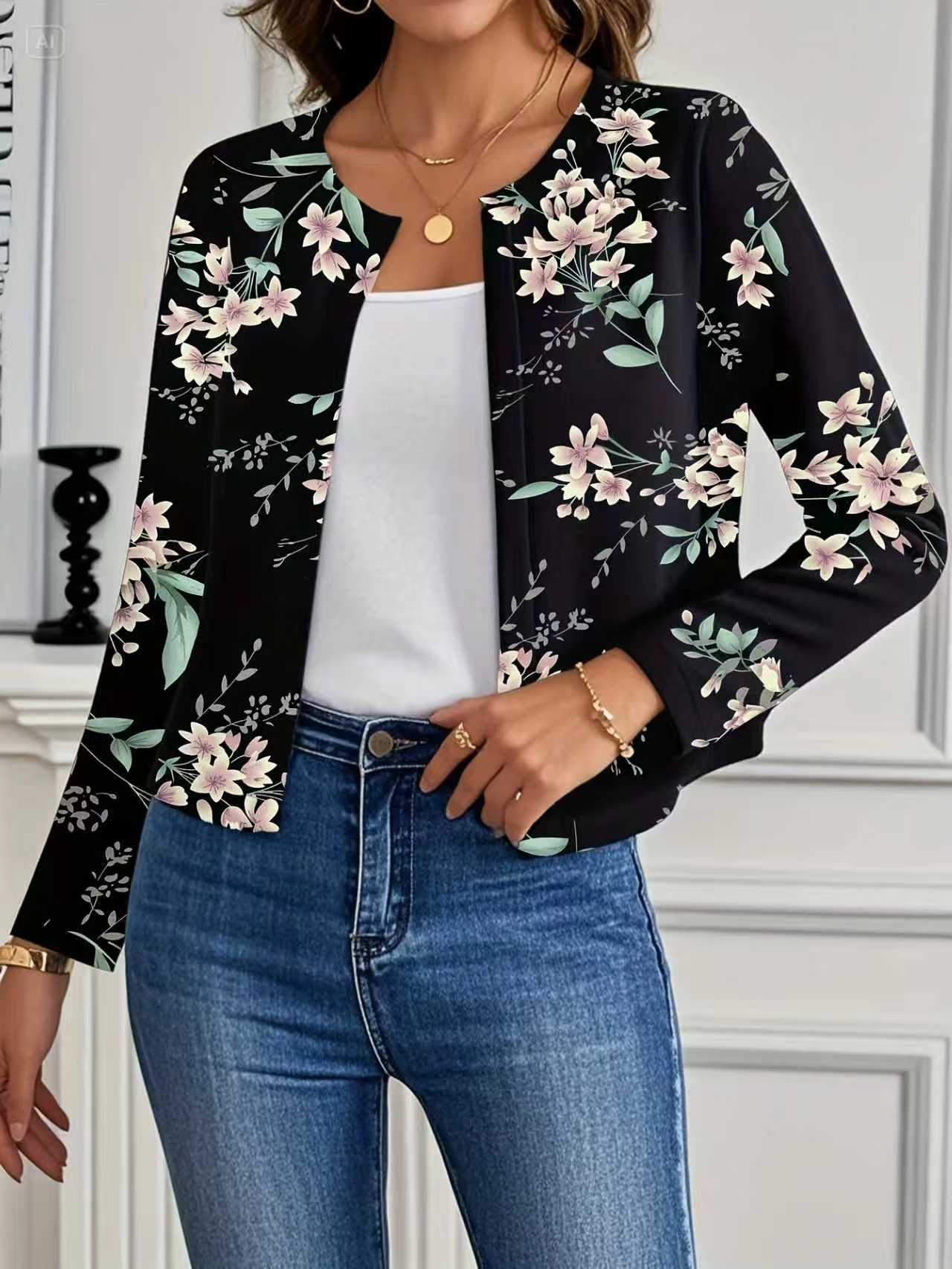 Women's Casual Crew-Neck Printed Short Long-Sleeve Jacket