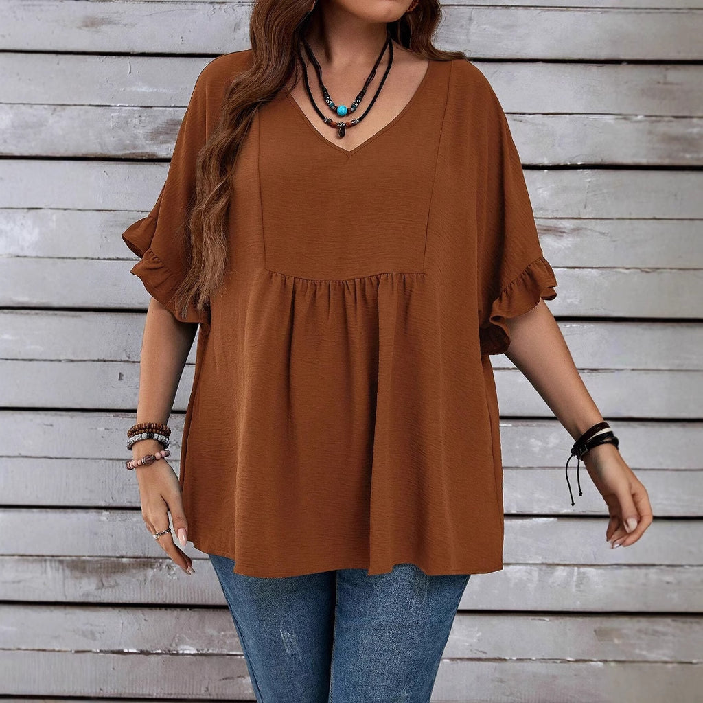 Solid-color Loose Ruffled High-waist Three-quarter-sleeve Top