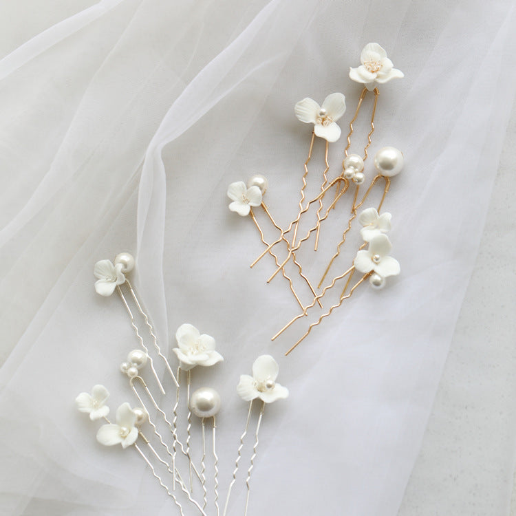 Ceramic Flower Pearl Embellished Bridal Hairpin Hair Plug Simple Hair Accessories