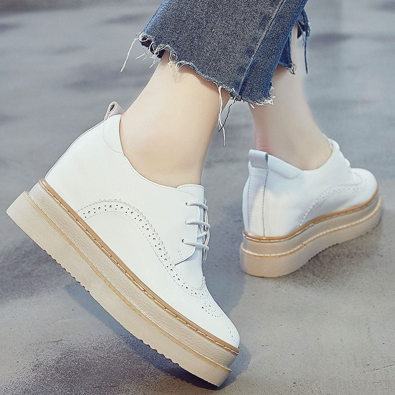 Spring Genuine Leather Platform Hidden Heel Lace-up Leisure Platform Women's Shoes