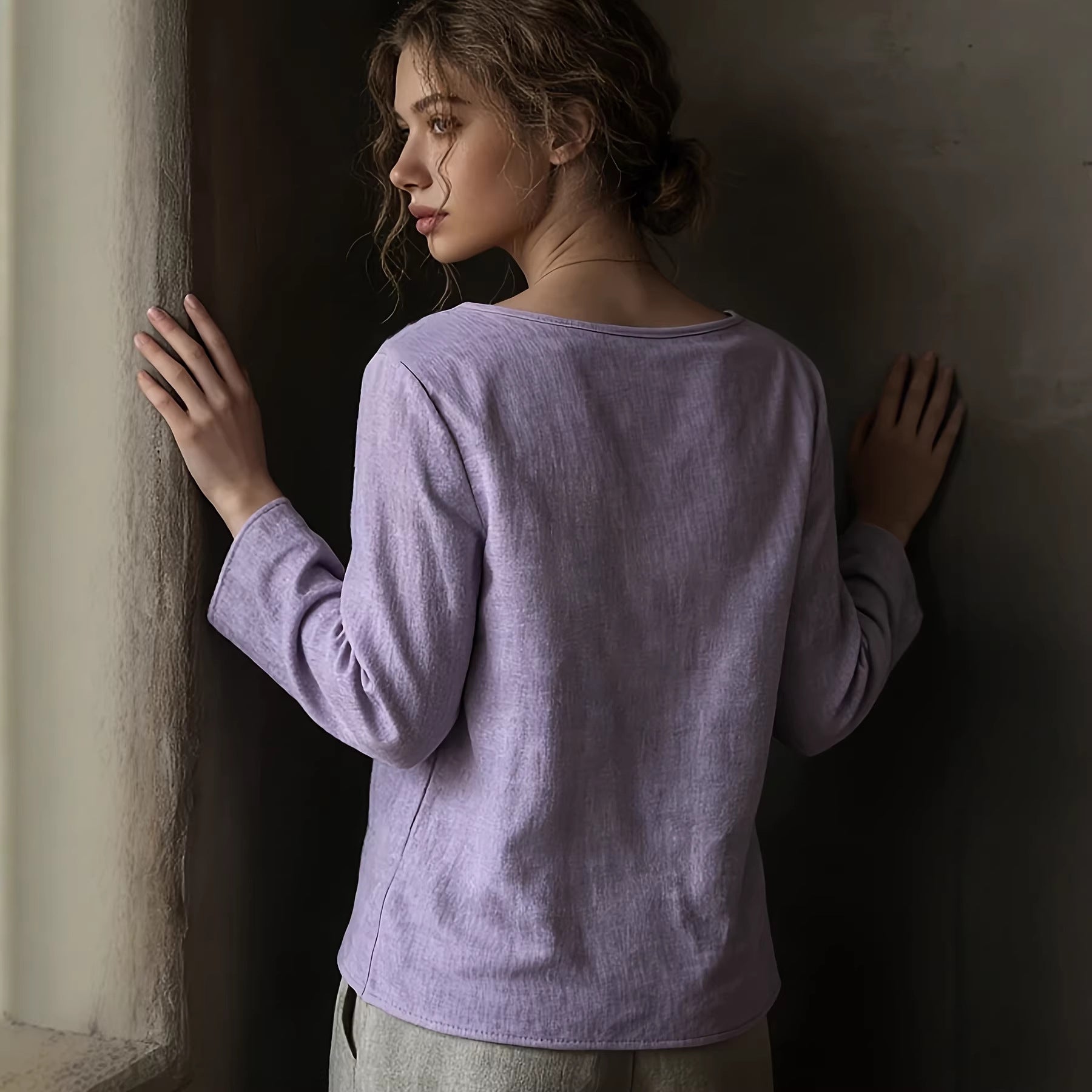 Lace-trimmed Patchwork Artistic Vintage Laid-back Style Loose Boat-neck Long-sleeve Top