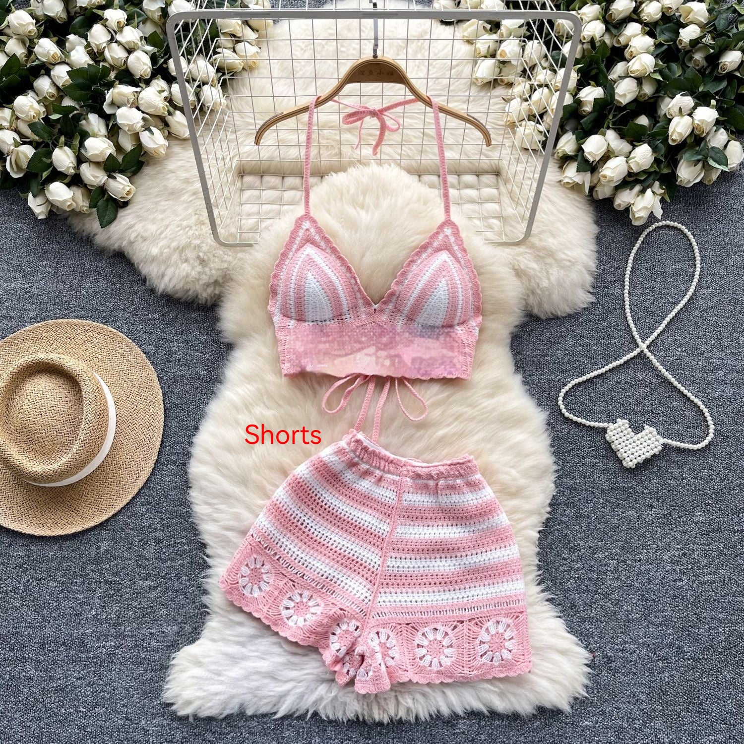 Sexy Cutout Crocheted Halter Strap Vest High Waist Knit Shorts