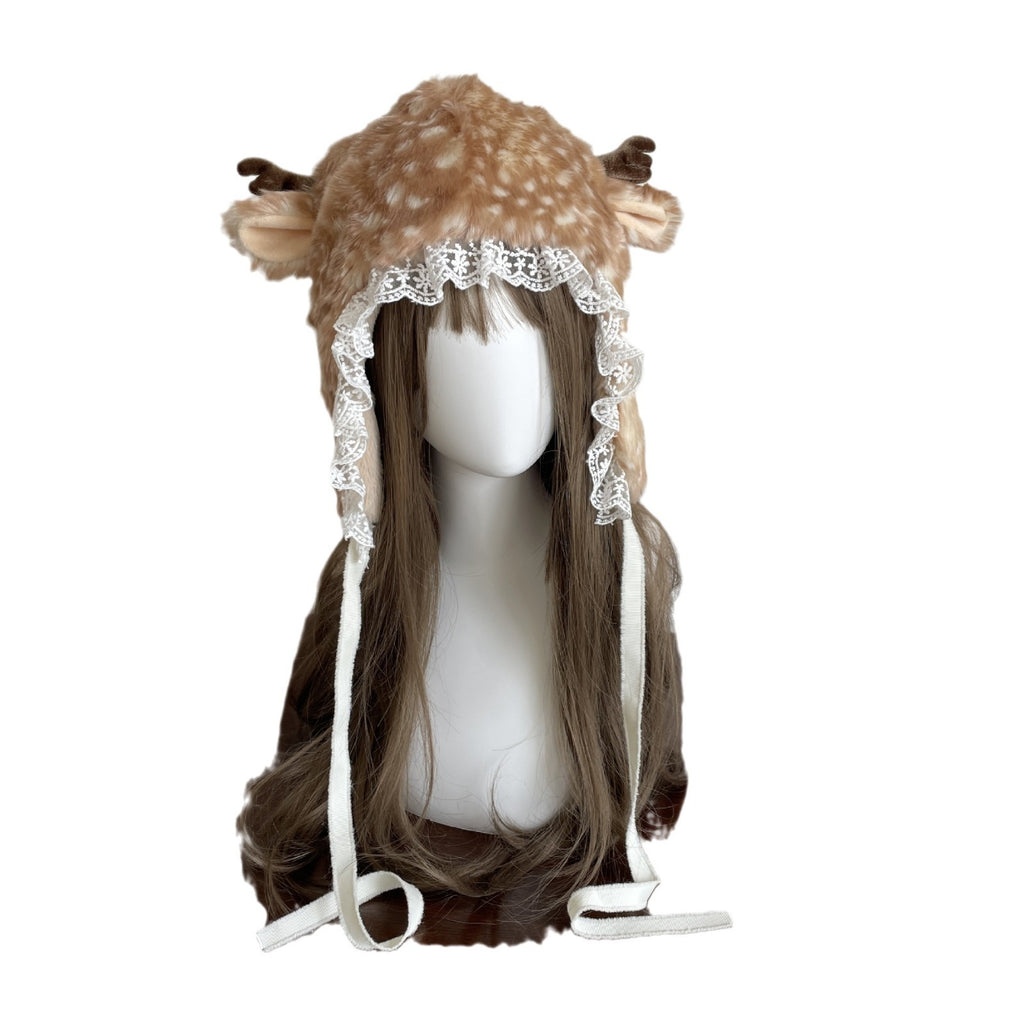 Plush Simulation Cute Lace Elk Thickened Hat Women