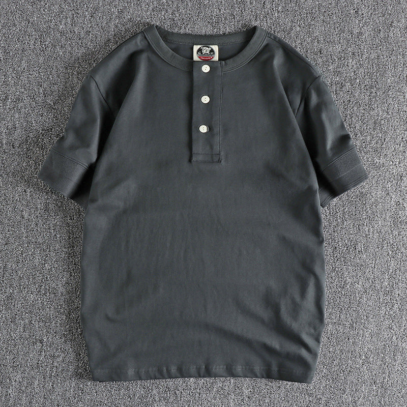 Cuff Wide-brimmed Thread Combed Cotton Washed American Retro Henry Collar Short Sleeve