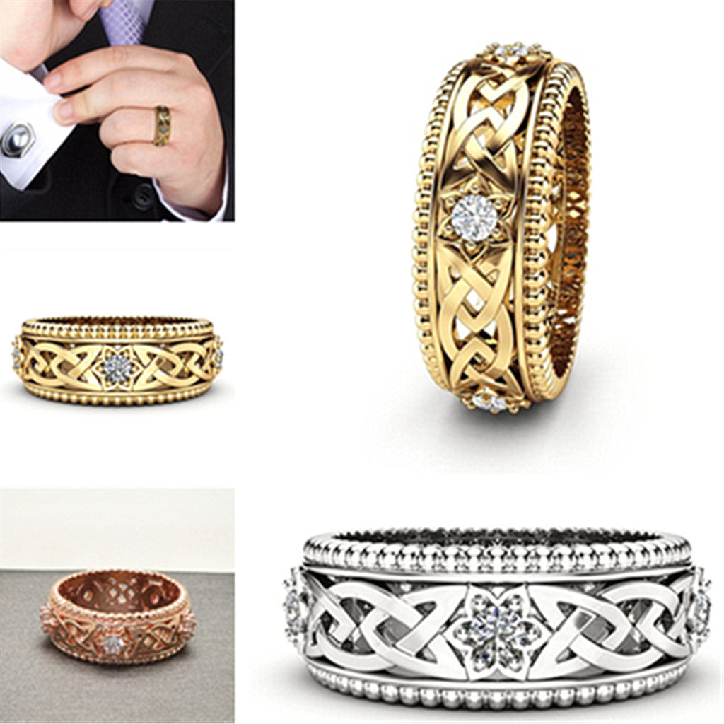 14k Plated White Diamond Ring Hollow Pattern Wedding Ring