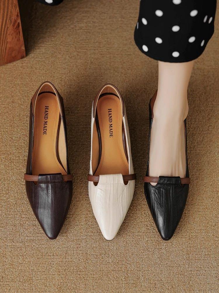Women's Black Chunky Heel Shoes Low-cut Leather Shoes