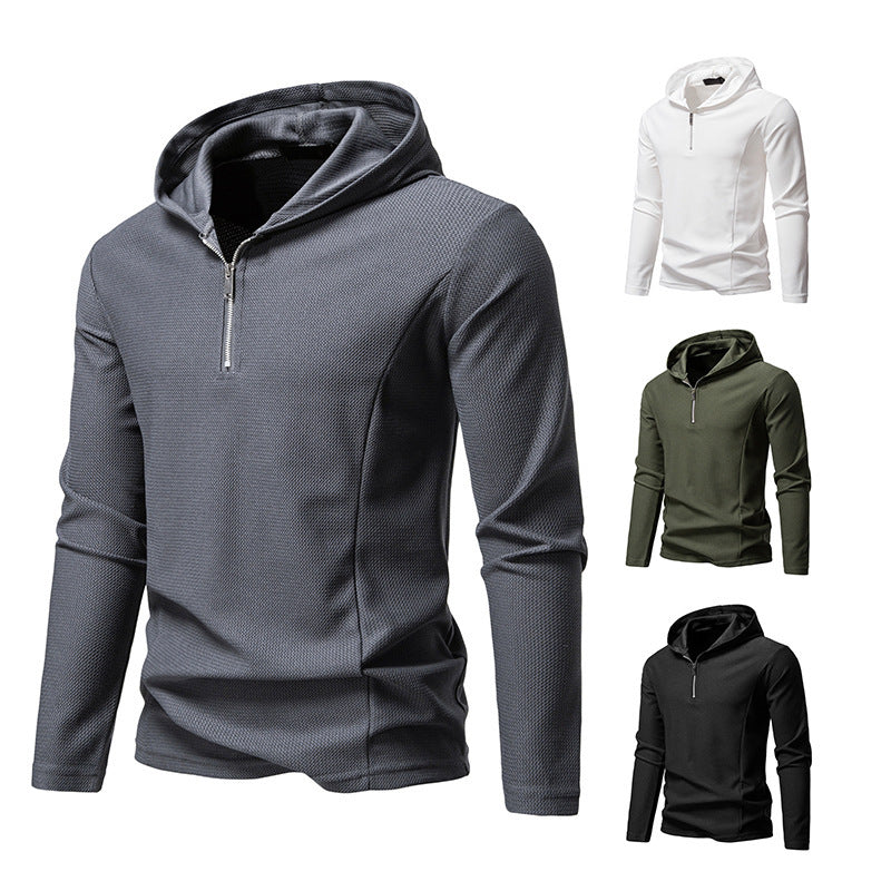 Half Zipper Design Casual Long Sleeve Solid Color Hooded T-shirt