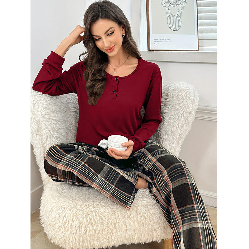 Plaid Pants Thread Top Button Pullover Set