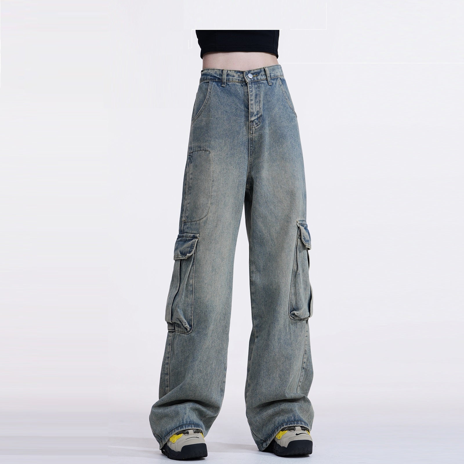 Retro Washed Wide Leg Multi-pocket Loose Straight Jeans